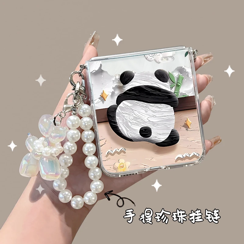 熊猫适用荣耀magicvflip2手机壳折叠屏magic v flip2珍珠挂绳软壳
