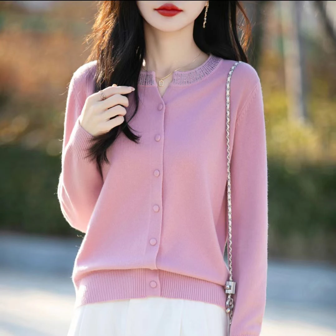 【羊毛100%】圆领针织开衫外套女装2025外搭感上衣烫钻毛衣