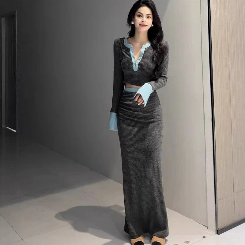 法式半开扣长袖针织衫半身裙两件套女2025秋冬新款高级感辣妹套装