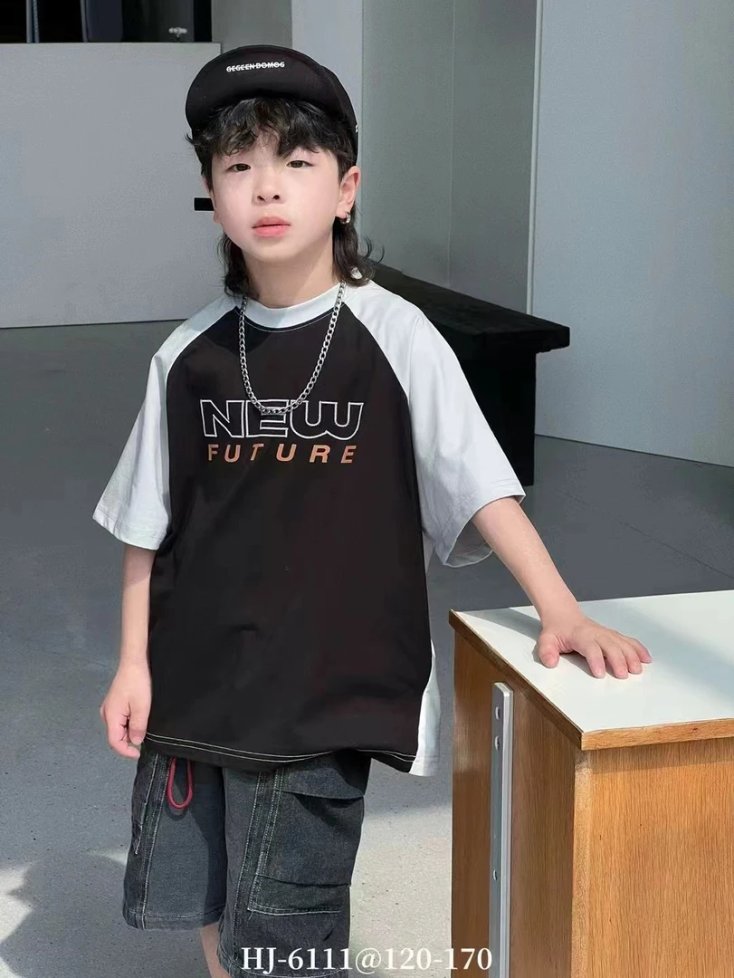 （偏大半码） 2025夏款新款儿童男女童黑灰插肩袖夏款短袖T恤6111