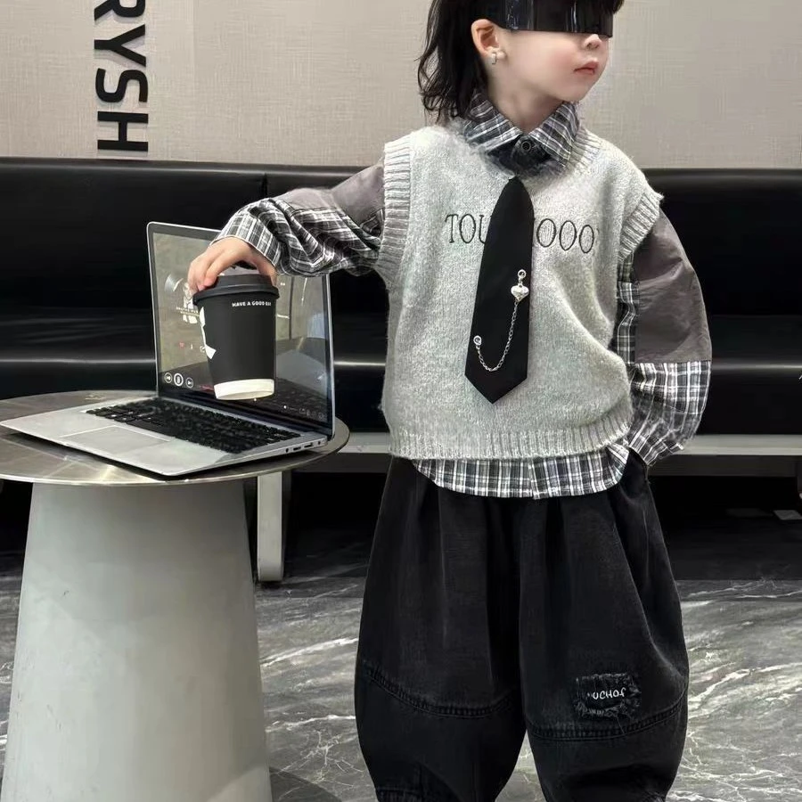 儿童套装洋气新款韩版男童学院拼接衬衫针织马甲裤子潮三件套 YQ