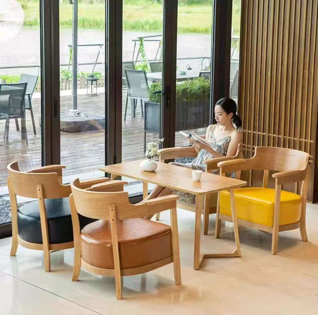 奶茶甜品店咖啡厅书吧桌椅组合简约休闲洽谈会客接待实木单人沙发