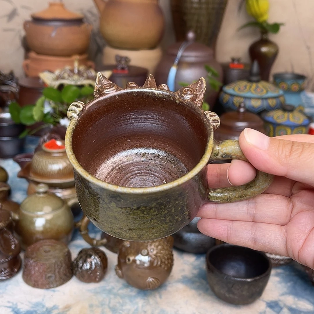 非遗原创手工瓦猫把手杯
