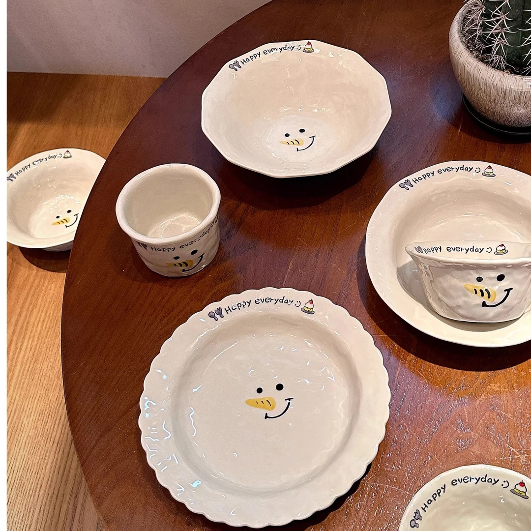 可爱长鼻子雪人手绘釉下彩陶瓷餐具高颜值沙拉碗水果盘