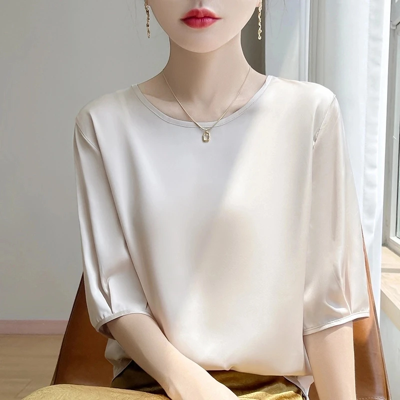 夏季新款宽松百搭纯色短袖上衣圆领简约气质半袖设计