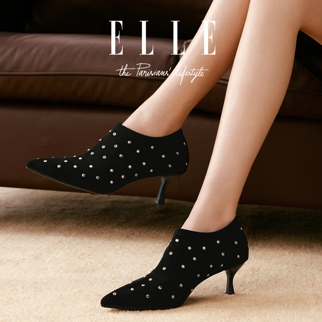 ELLE2025新款深口高跟鞋女尖头细跟弹力瘦瘦靴闪钻黑色短靴及裸靴