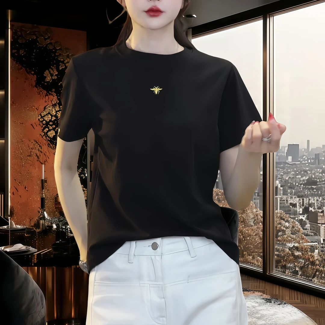 2025早春新款简约百搭基础款时尚气质小蜜蜂刺绣短袖圆领T恤显瘦