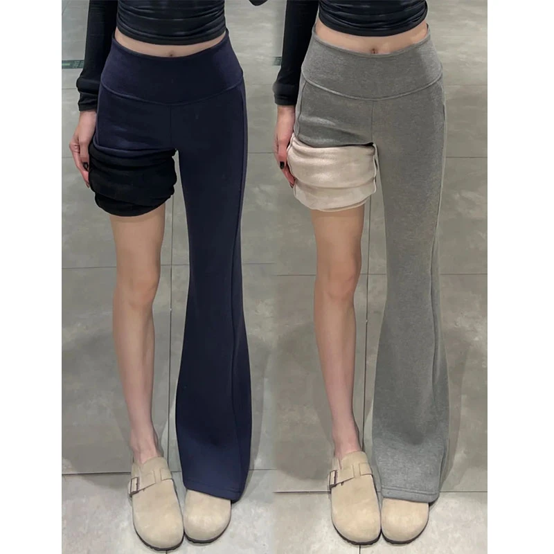 藏青lulu微喇裤女秋冬加绒低腰垂感打底裤小个子瑜伽运动喇叭卫裤