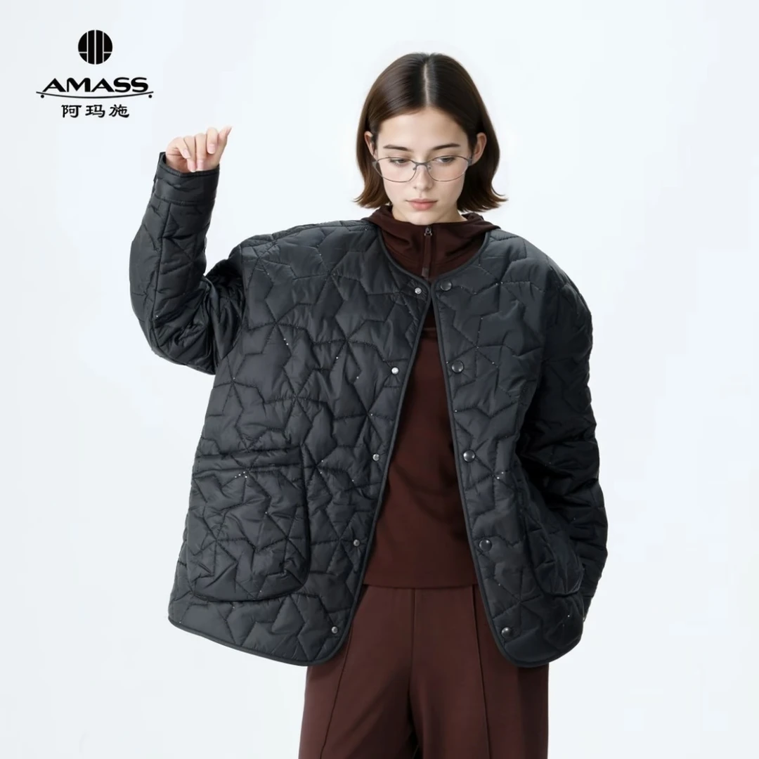 阿玛施AMASS 秋冬新款宽松百搭菱形格休闲质感新雪丽棉服女540073