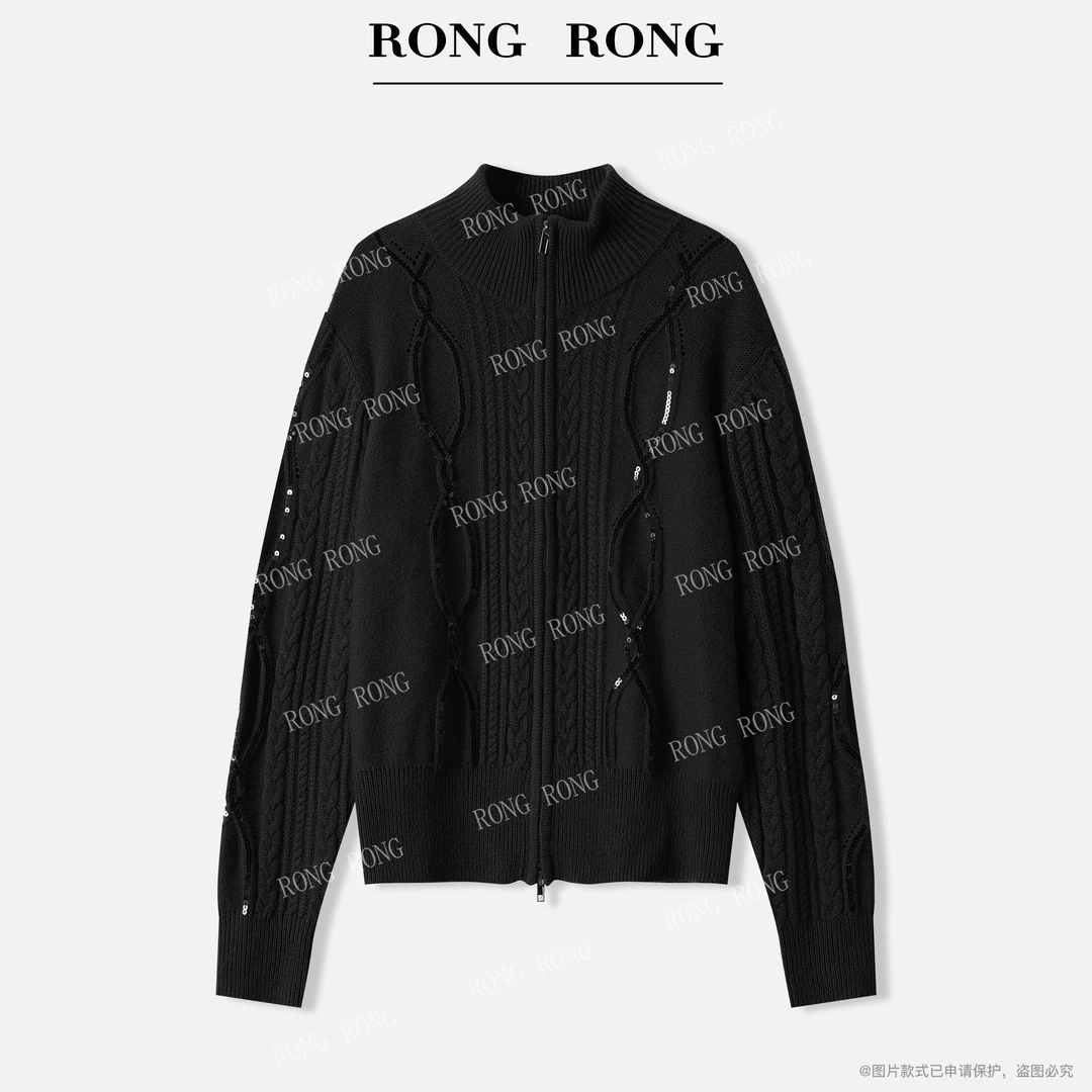 溶溶【暮茶星光】RONGRONG 绵羊毛立领珠片绣花拉链开衫51A080349