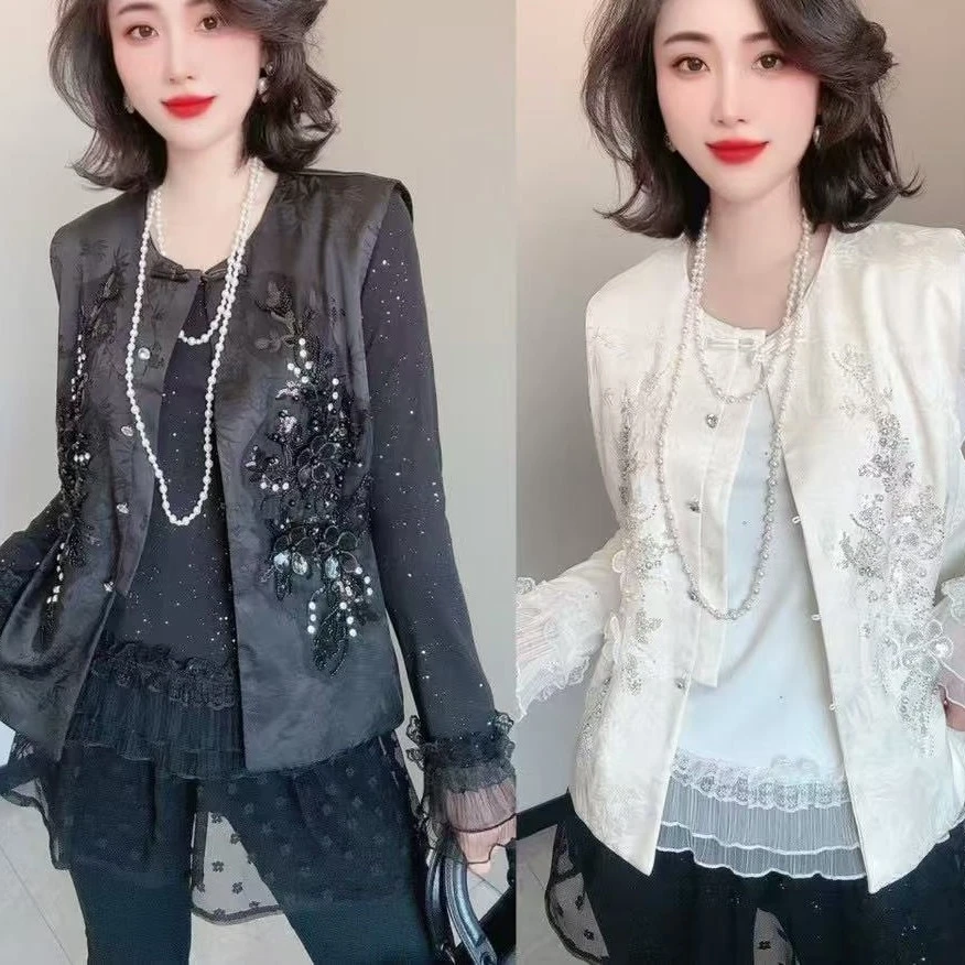 LL琳大码国风珠钻刺绣工艺宽松外套女大码女装马夹坎肩上衣6359