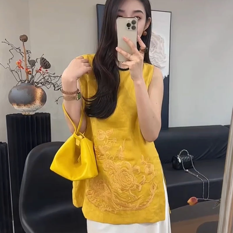 新中式国风刺绣无袖背心衬衫女2025夏季新款高级感宽松显瘦上衣潮