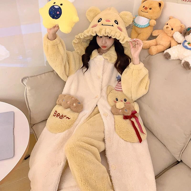 2025新款小熊睡衣女秋冬季冬天长款浴袍新款加绒加厚睡袍家居服