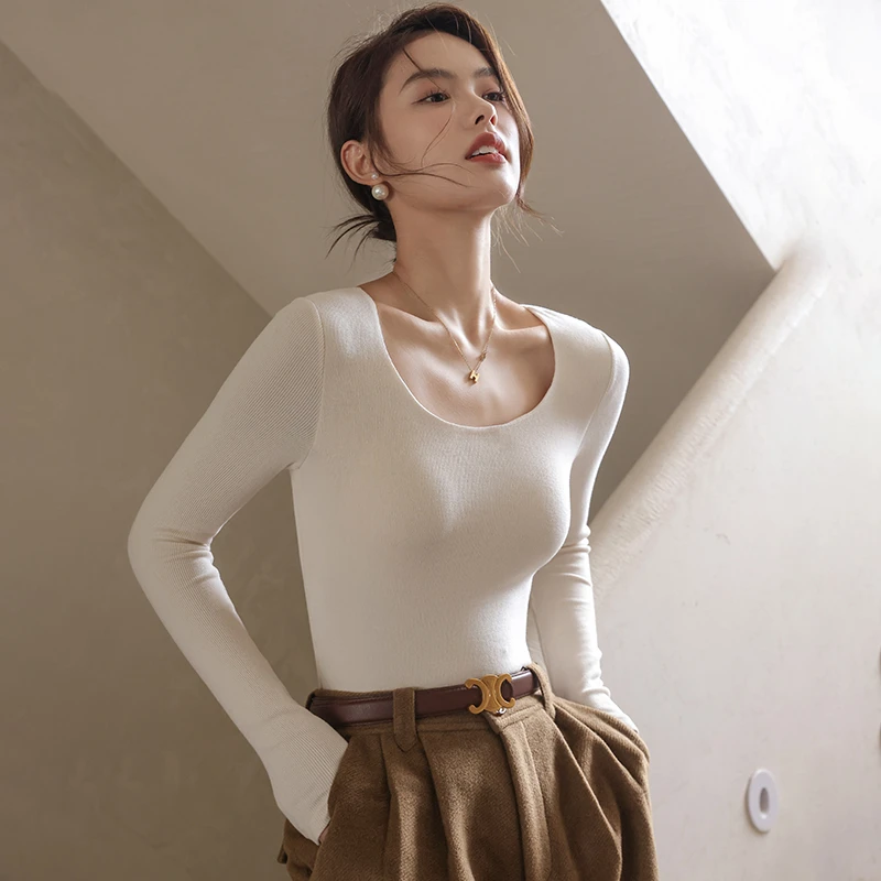 方领白色打底衫女秋冬季内搭紧身长袖修身低领贴身德绒上衣t恤潮