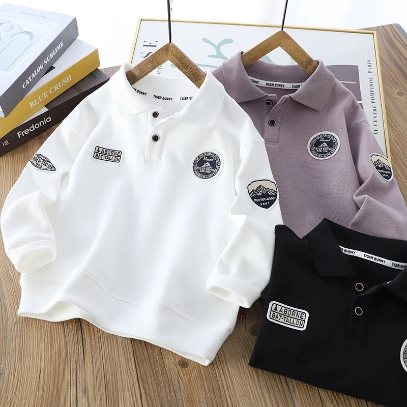 2025秋季新款长袖印花POLO衫卫衣洋气运动休闲翻领珠地棉中大童