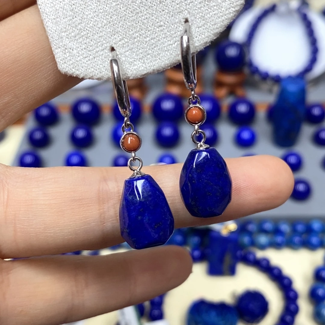 青金石银S925镶嵌耳饰