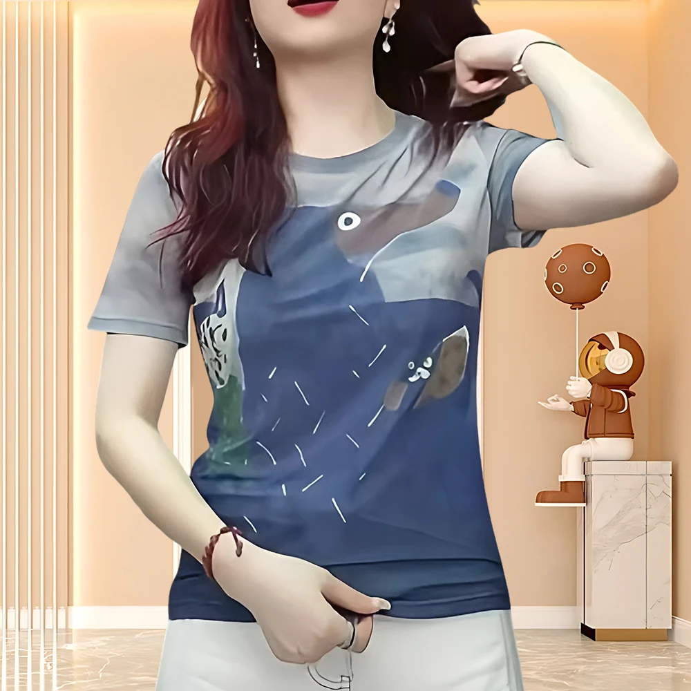 洋气衣服女2025夏季新款双层网纱女士休闲t恤涂鸦印花卡通短袖女