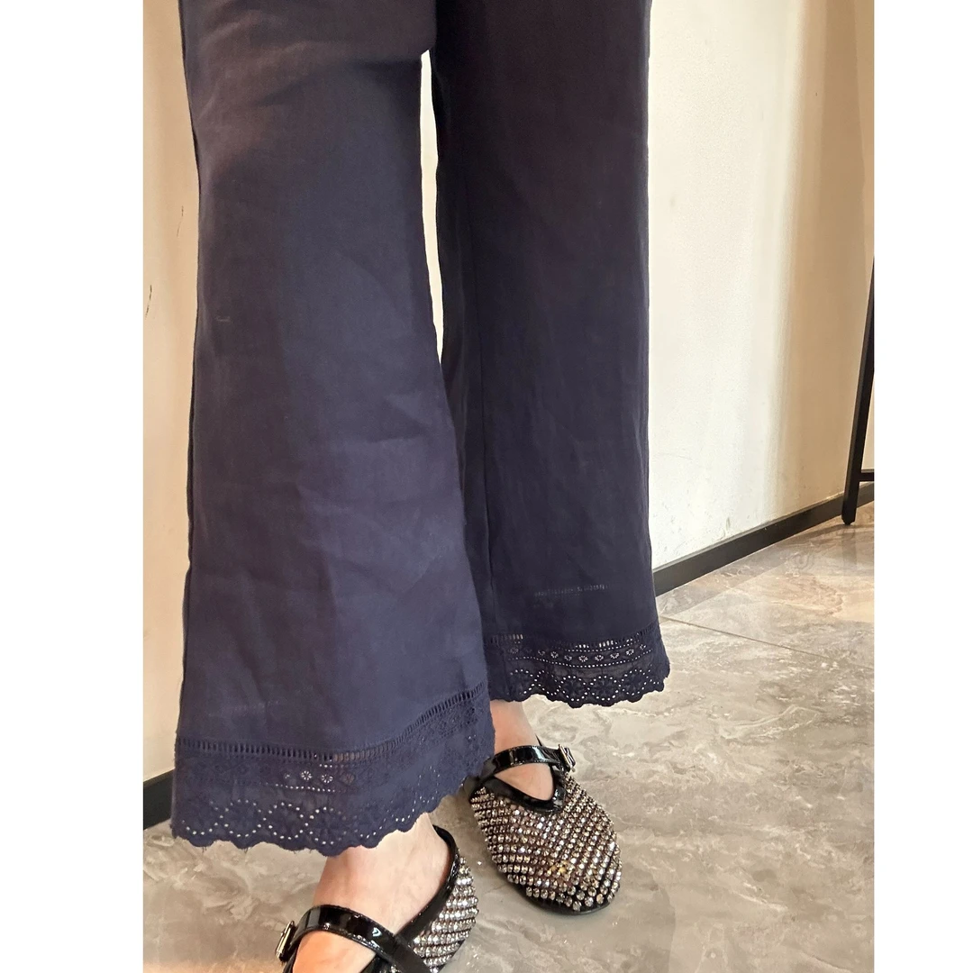 【Z.D/WORKROOM】25/26订制法式慵懒风全亚麻拼接花边九分微喇裤