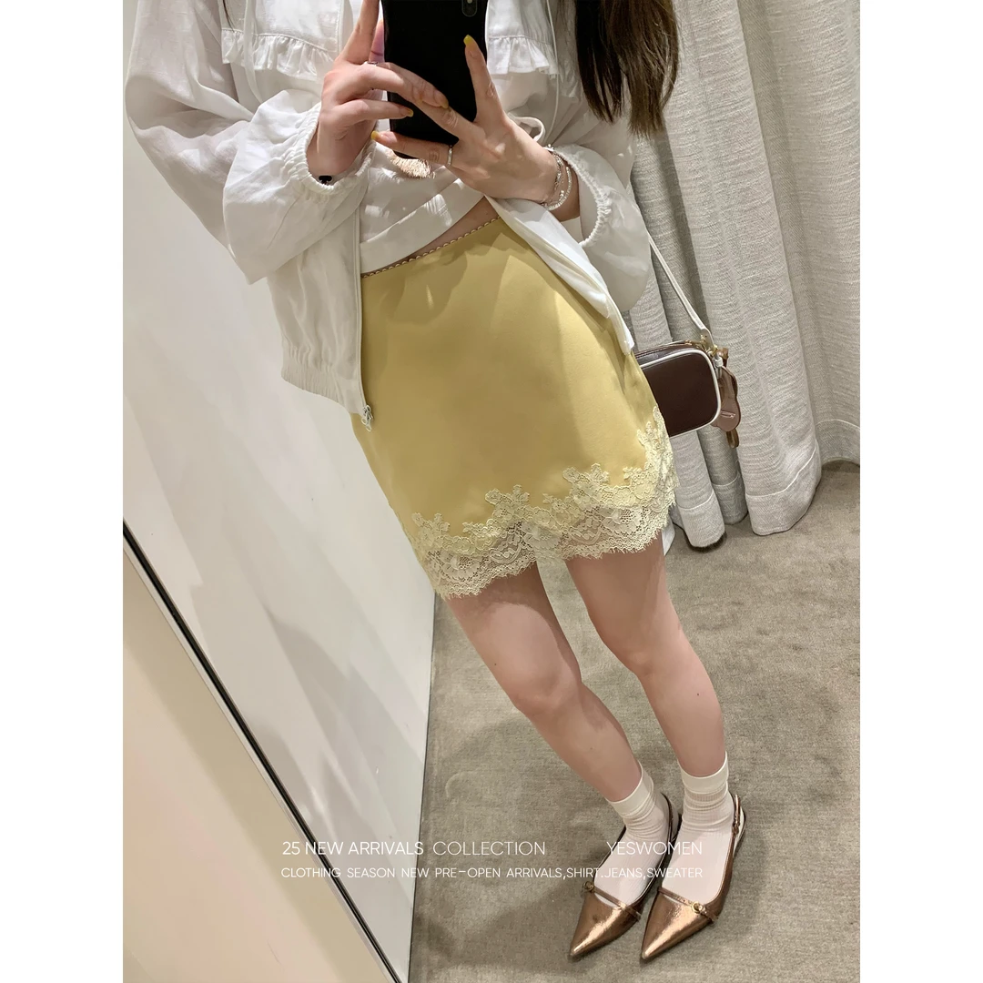 YESWOMEN纯欲温柔姜黄蕾丝花边短裙女夏半身裙