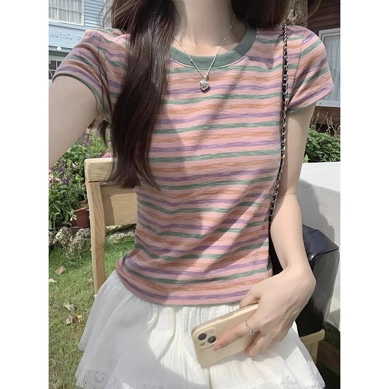 粉色条纹正肩短袖t恤女夏季2025新款欧货高级感修身短款体恤上衣1
