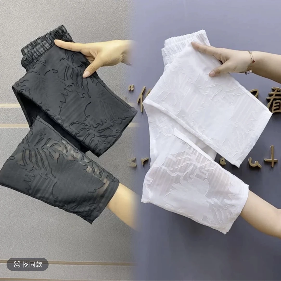 欧货夏薄款蕾丝镂空提花直筒裤纯色高腰显瘦八分空调裤烟管裤女潮