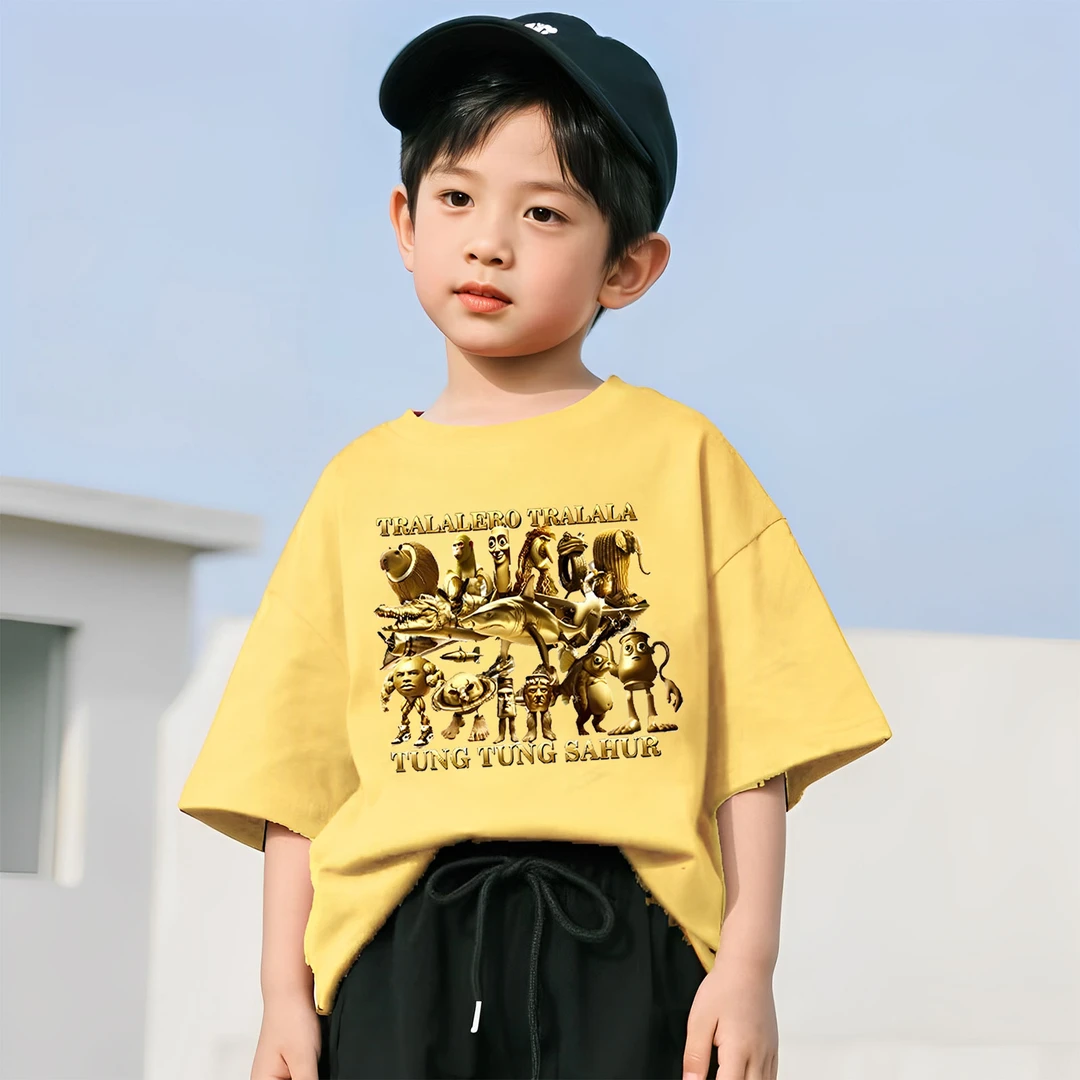 黄金山海经t恤tungtungsah通通哥木棍人抽象国外山海经短袖男女童