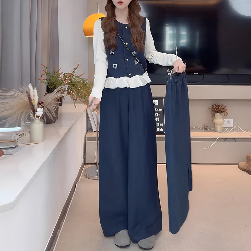 2025春秋季新款女士时尚套装高级感打底衫马甲阔腿裤子气质三件套
