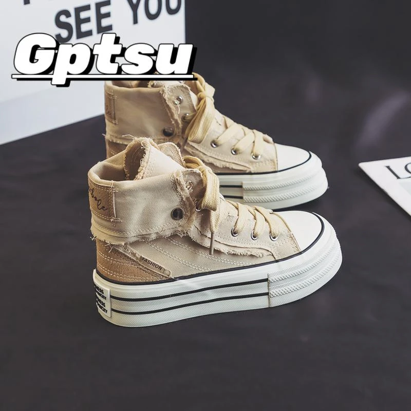 GPTSu秋季新款高筒帆布鞋女厚底增高休闲百搭学生运动鞋潮流设计