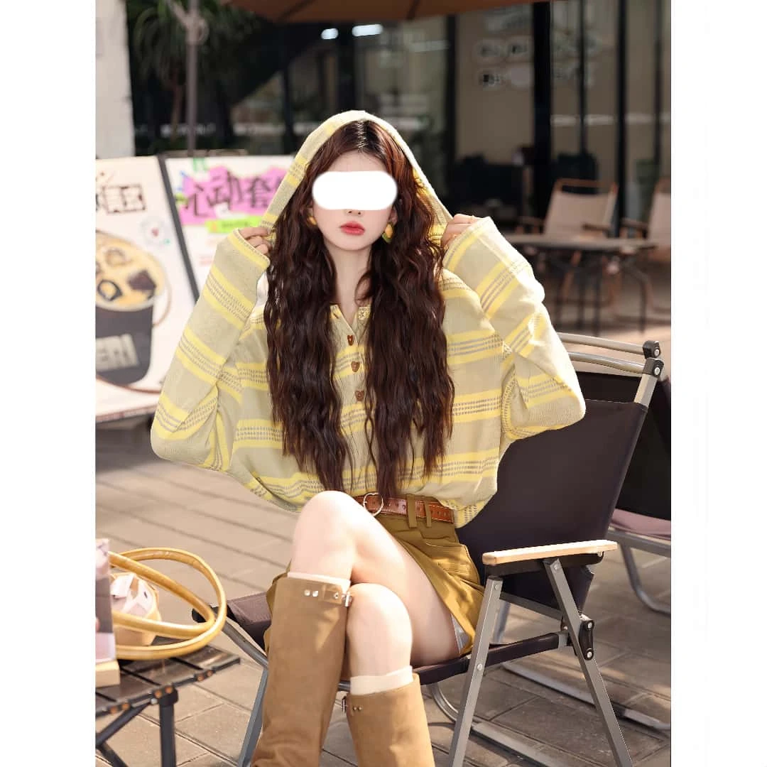 2025年【柳风光影】条纹毛针织衫女装早秋氛围感穿搭长袖连帽上衣女