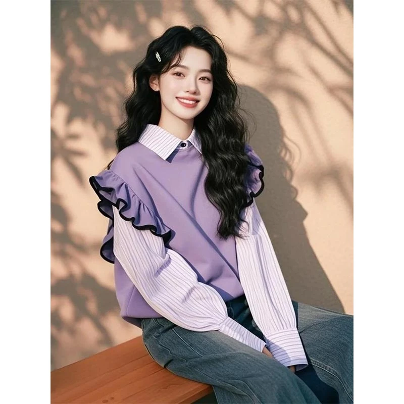 慵懒风宽松撞色拼接假两件上衣女2025年春季新款设计感百搭衬衫潮