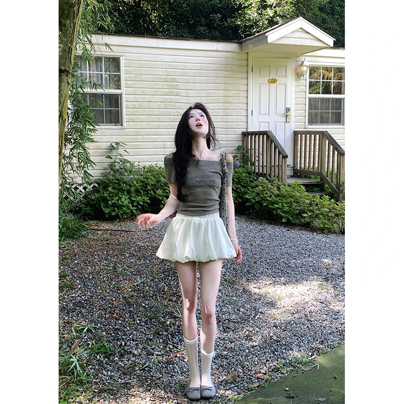 韩系灰色字母印花一字肩短袖t恤修身上衣花苞半身短裙两件套装女