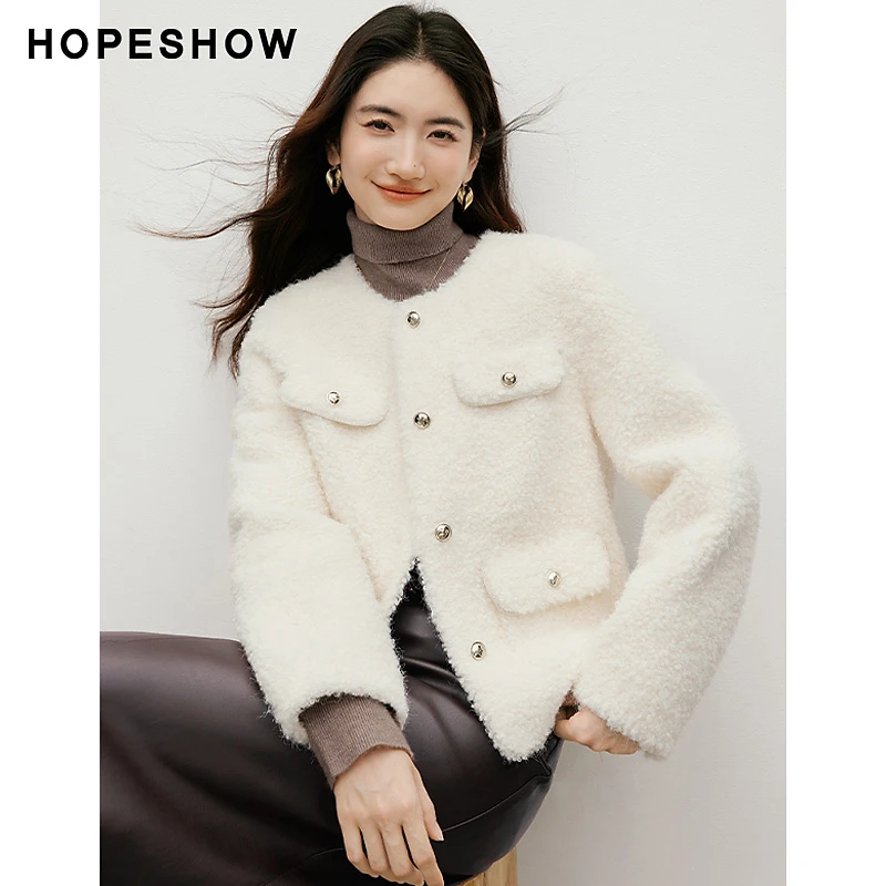 红袖2025冬季新款女装 香风单排扣正肩长袖圆领颗粒绒外套