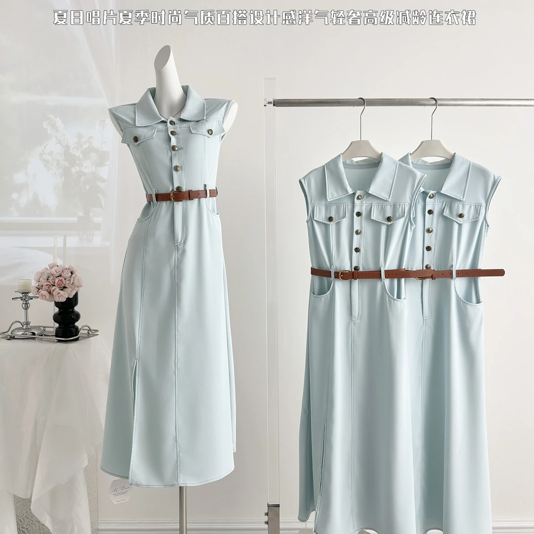 夏季时尚气质百搭收腰显瘦高级感翻领无袖连衣裙中长款设计感休闲