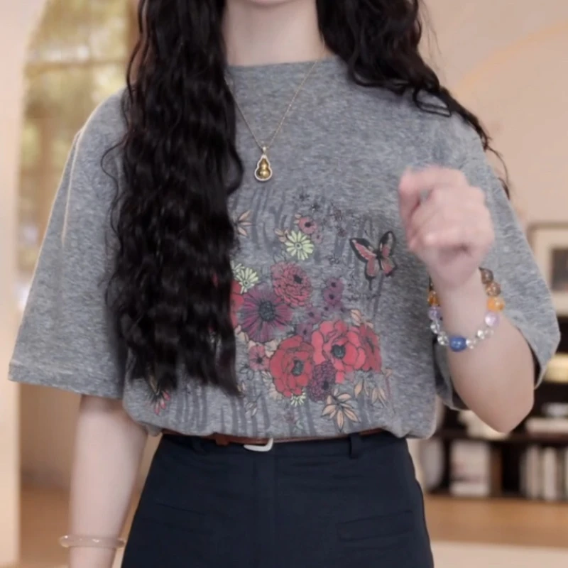 【高端定制】蝴蝶花印花短袖百搭夏季上衣T恤1134