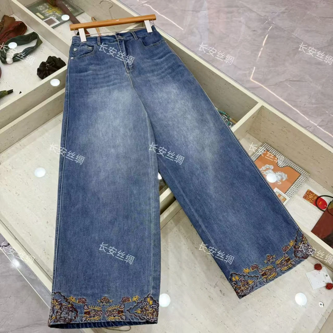 【长安】新中式国风休闲百搭刺绣花边牛仔休闲裤