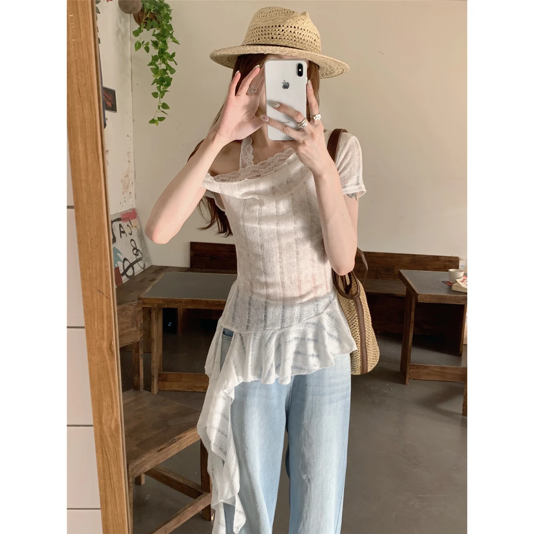 韩系蕾丝拼接挂脖斜肩短袖t恤女夏季荷叶边不规则飘带设计感上衣