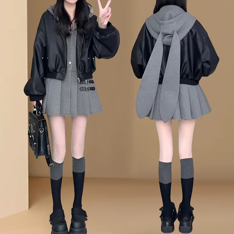 2025春秋新款小众复古拉链休闲宽松假两件连帽皮衣裙兔耳朵外套潮