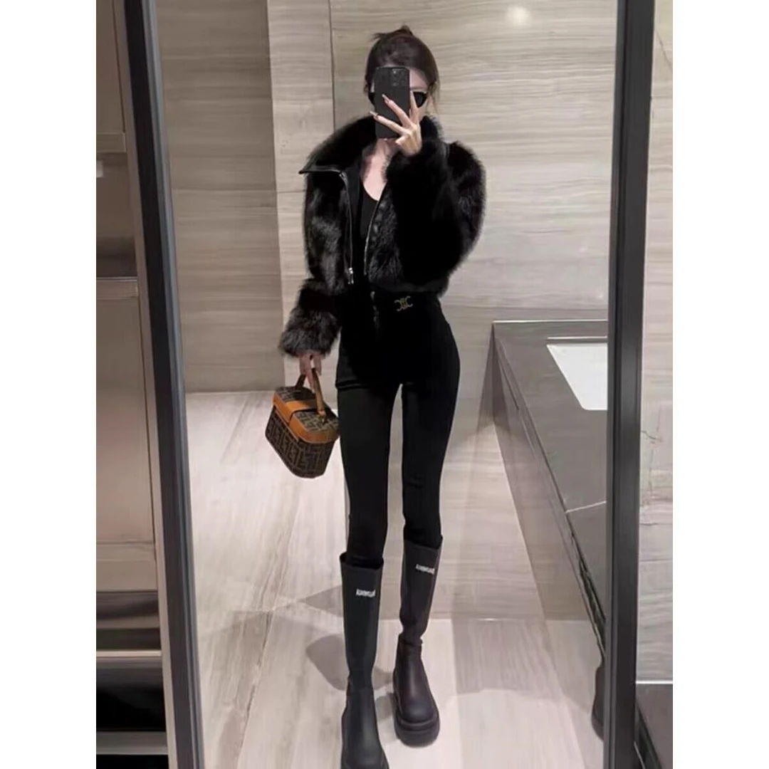 秋冬短款网红时尚黑色加厚加绒洋气韩版拼接毛领外套女装机车风辣