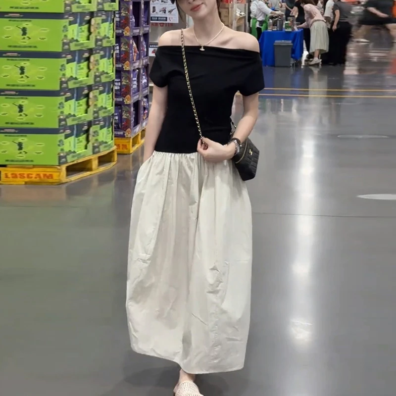 法式锁骨斜肩上衣女夏季一字领露肩短袖T恤修身高腰裙子套装