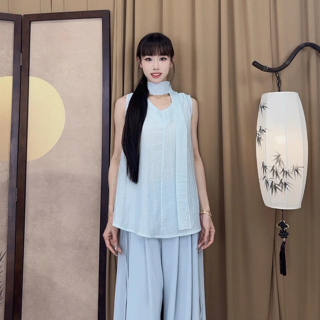 MuMu天丝皱透气舞蹈服飘带上衣古典舞服现代舞服