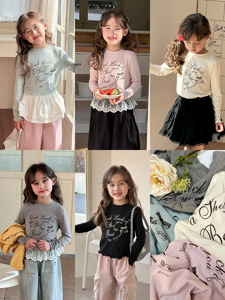 2025春季款女童圆领字母内搭T恤上衣韩系甜美花边打底衫
