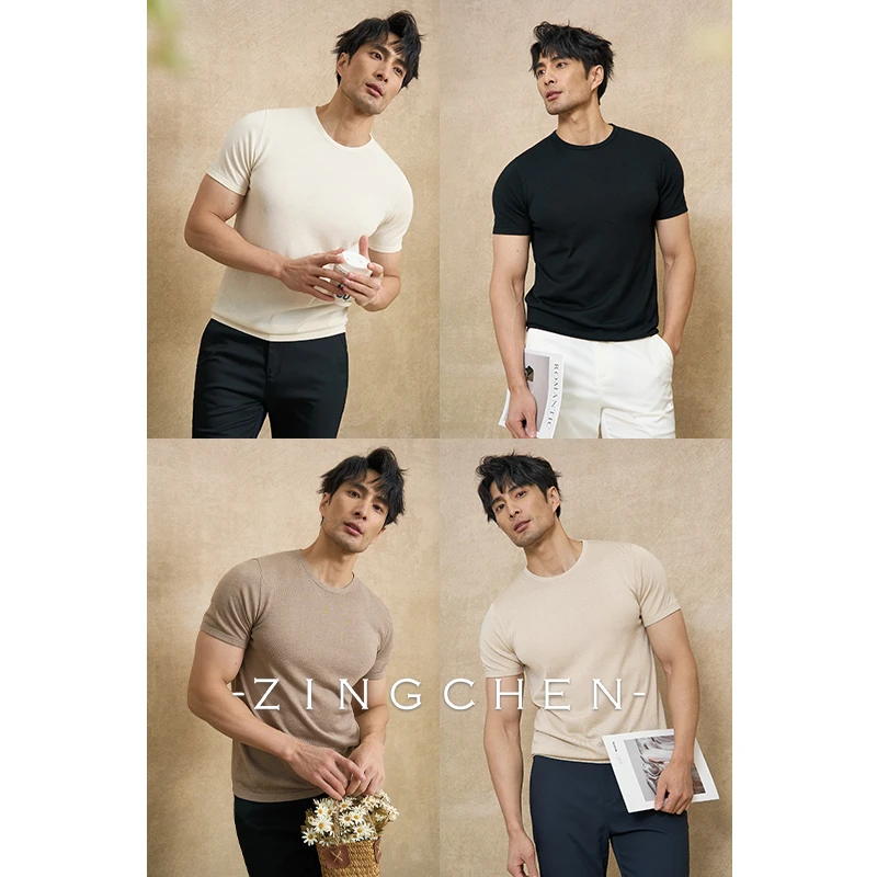 【奢华丝羊绒】ZINGCHEN毛衣式短袖圆领T恤 休闲男士桑蚕丝针织衫