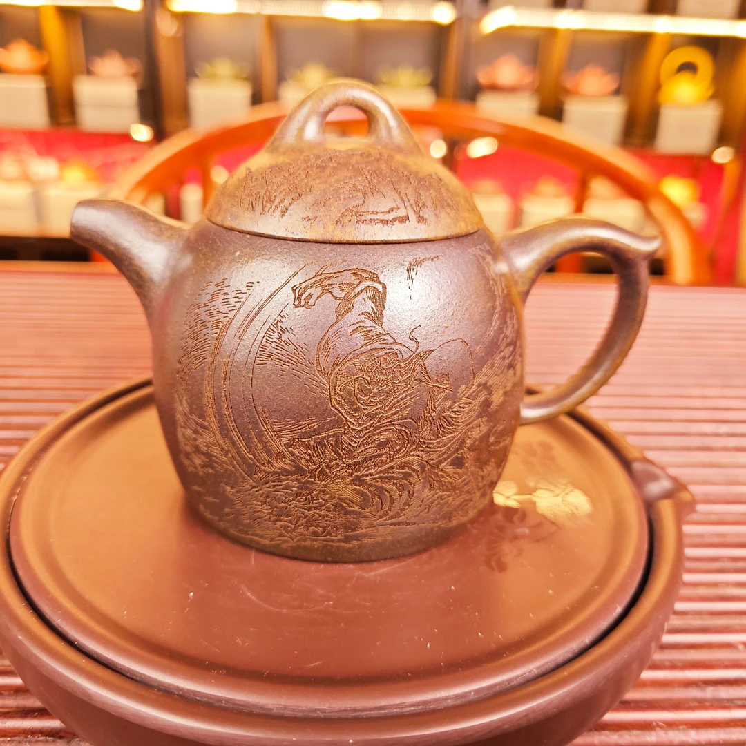 DT1216武松打虎秦权龙背青柴烧全手工紫砂壶