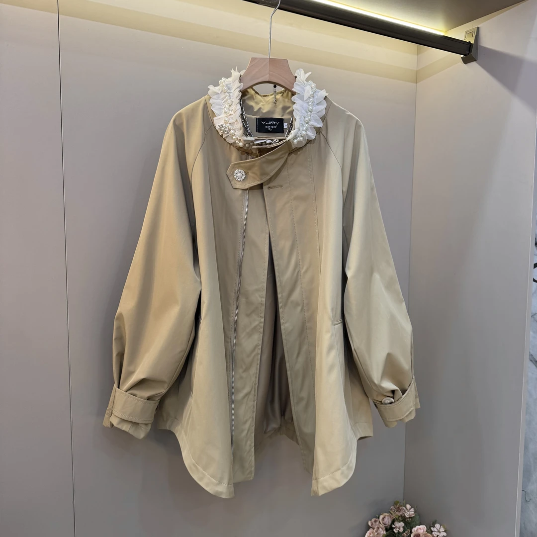 欧货2025春季新款时尚重工钉珠领口宽松休闲立领风衣外套上衣长69