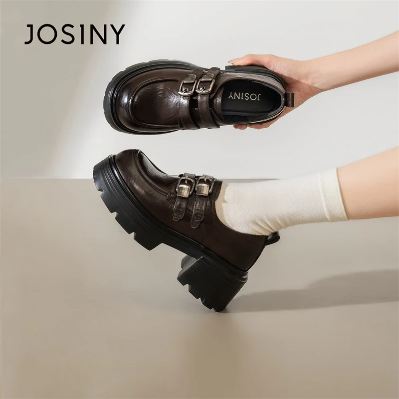 卓诗尼2025秋季新款英伦风双扣带乐福鞋女休闲百搭中跟深口女鞋