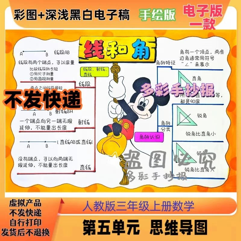 【1374】新版人教版三上数学第五单元线和角思维导图手抄报电子稿