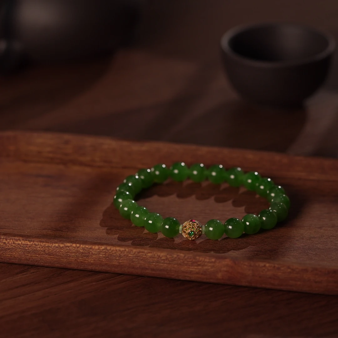 【睿泽赏宝】18K和田玉碧玉菠菜绿牛奶冰㡳老料手串 8mm JJY0244