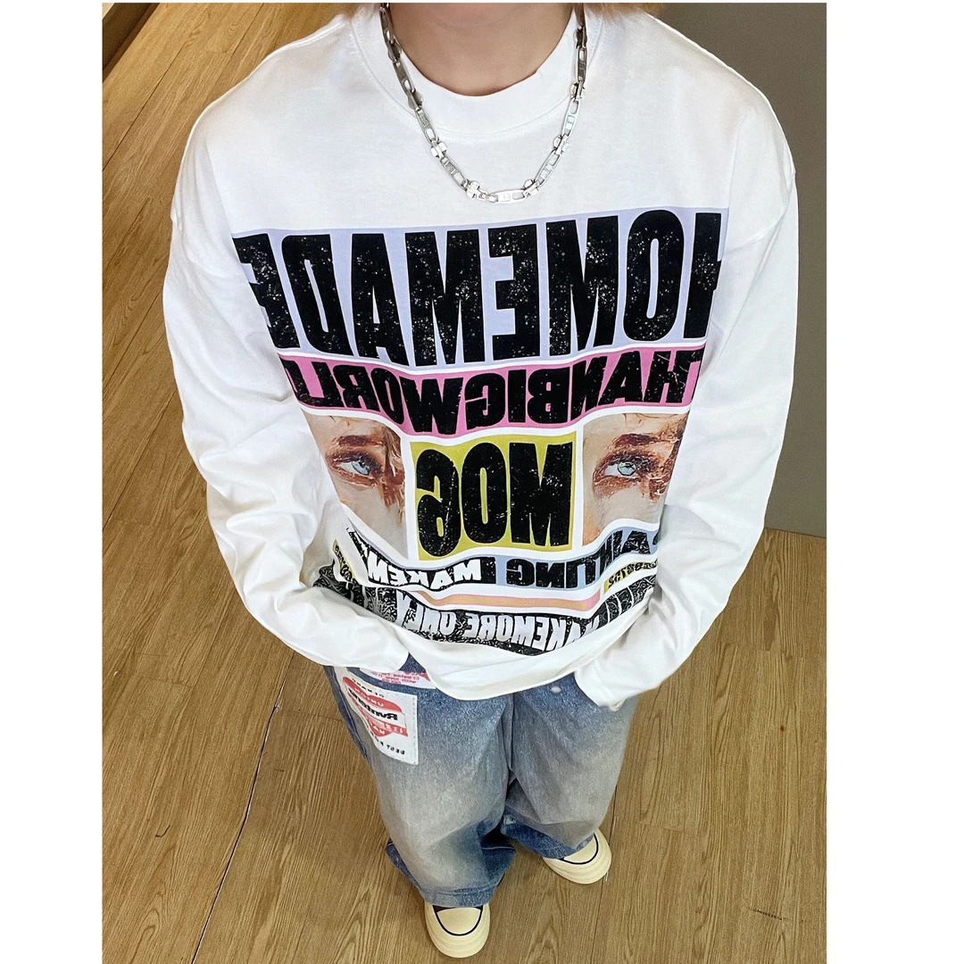 【撞色研究所】美式休闲设计感小领口宽松字母印花长袖T恤hiphop