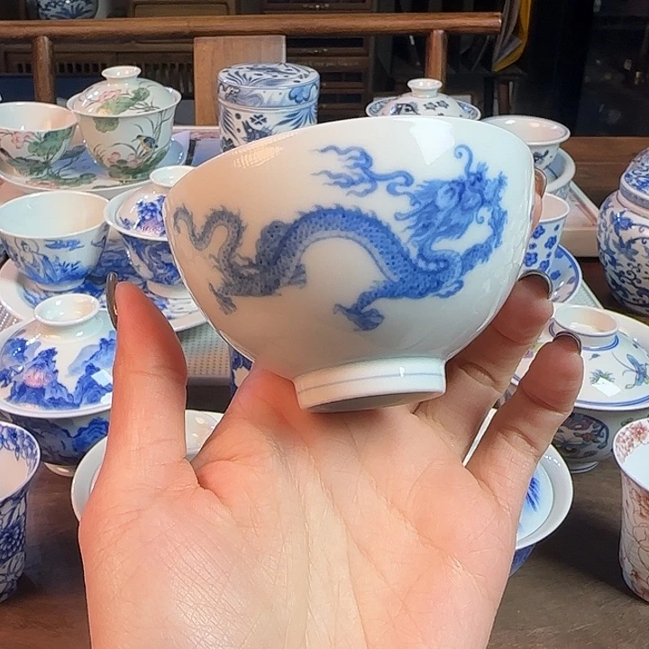 名窑口柴窑 双龙戏珠鸡心杯放漏