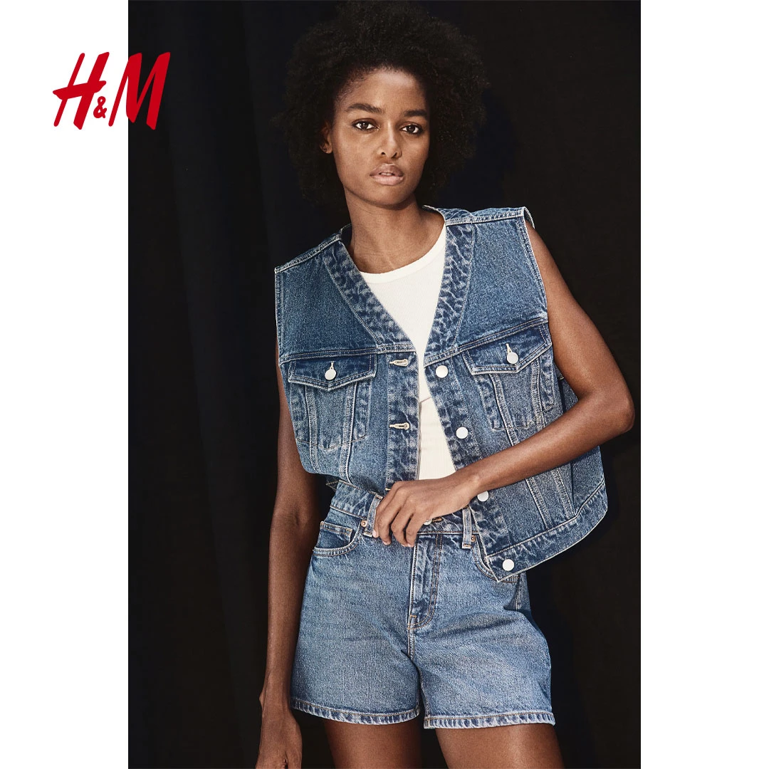 【达】HM女装牛仔裤2024夏季新款直筒微弹A字型中腰休闲短裤1220490